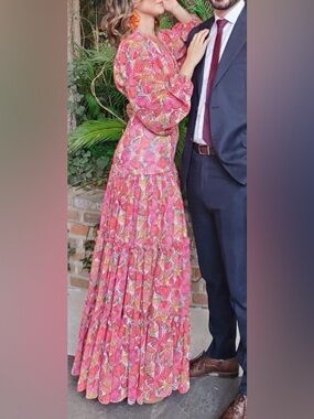 Printed Pink Tiered Maxi Dress with Long Sleeves